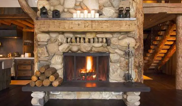 Wooden Décor With Brick Fireplace